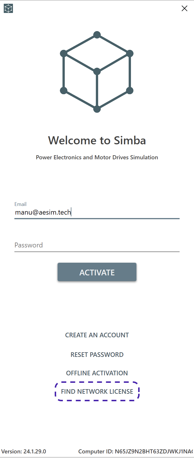 SIMBA login window